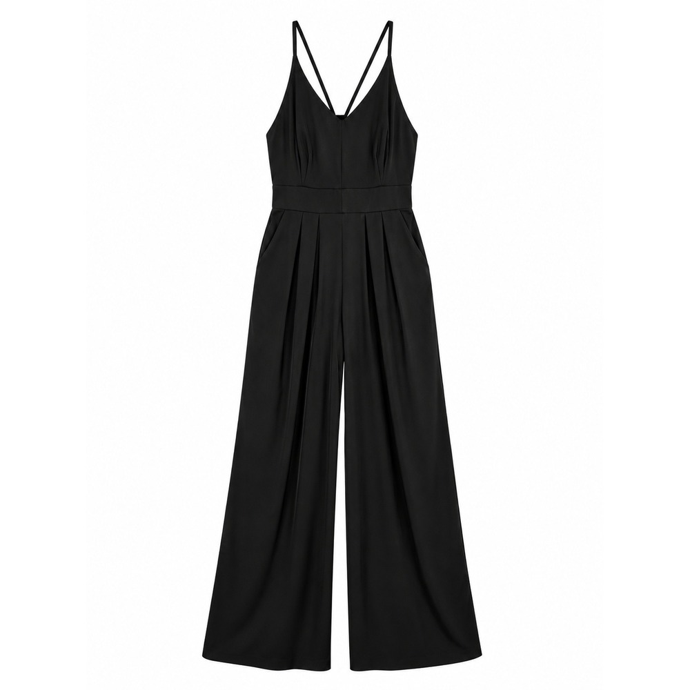 Halara Breezeful Black Wide Leg Jumpsuit V Neck Strappy Stretch Petite Casual